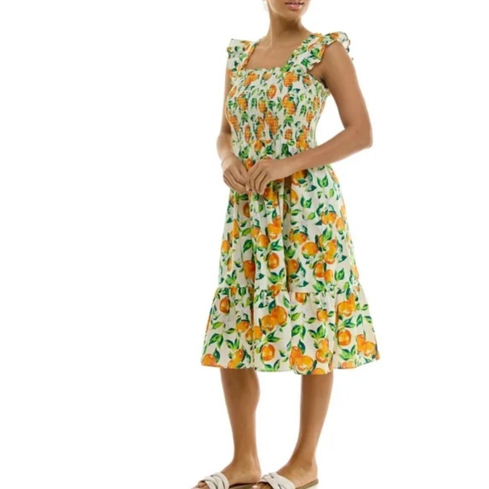 Nanette Lepore Orange Print Smocked Flutter Sleeve‎ Midi Dress, Size M, NWT